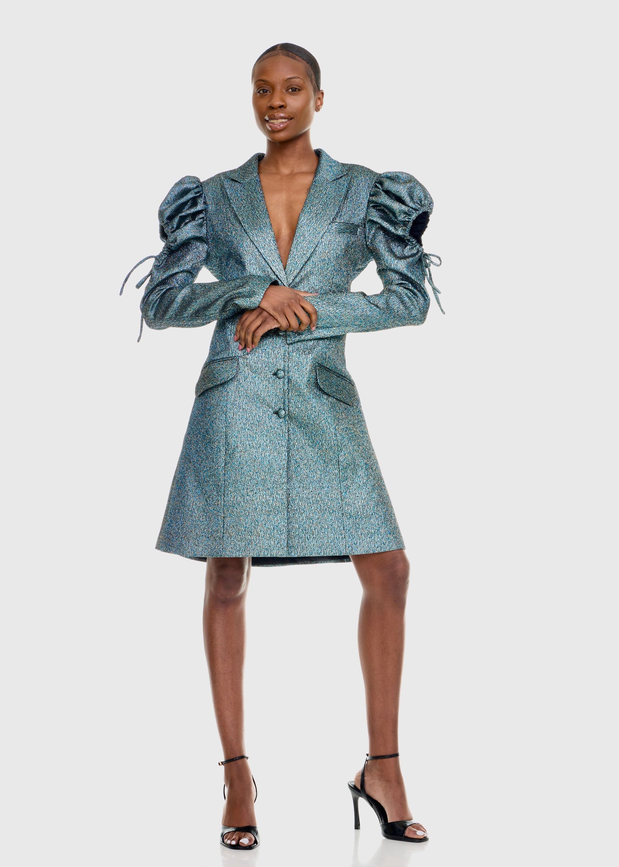 Black woman wearing Green Shimmer Tuxedo Dress/Jacket