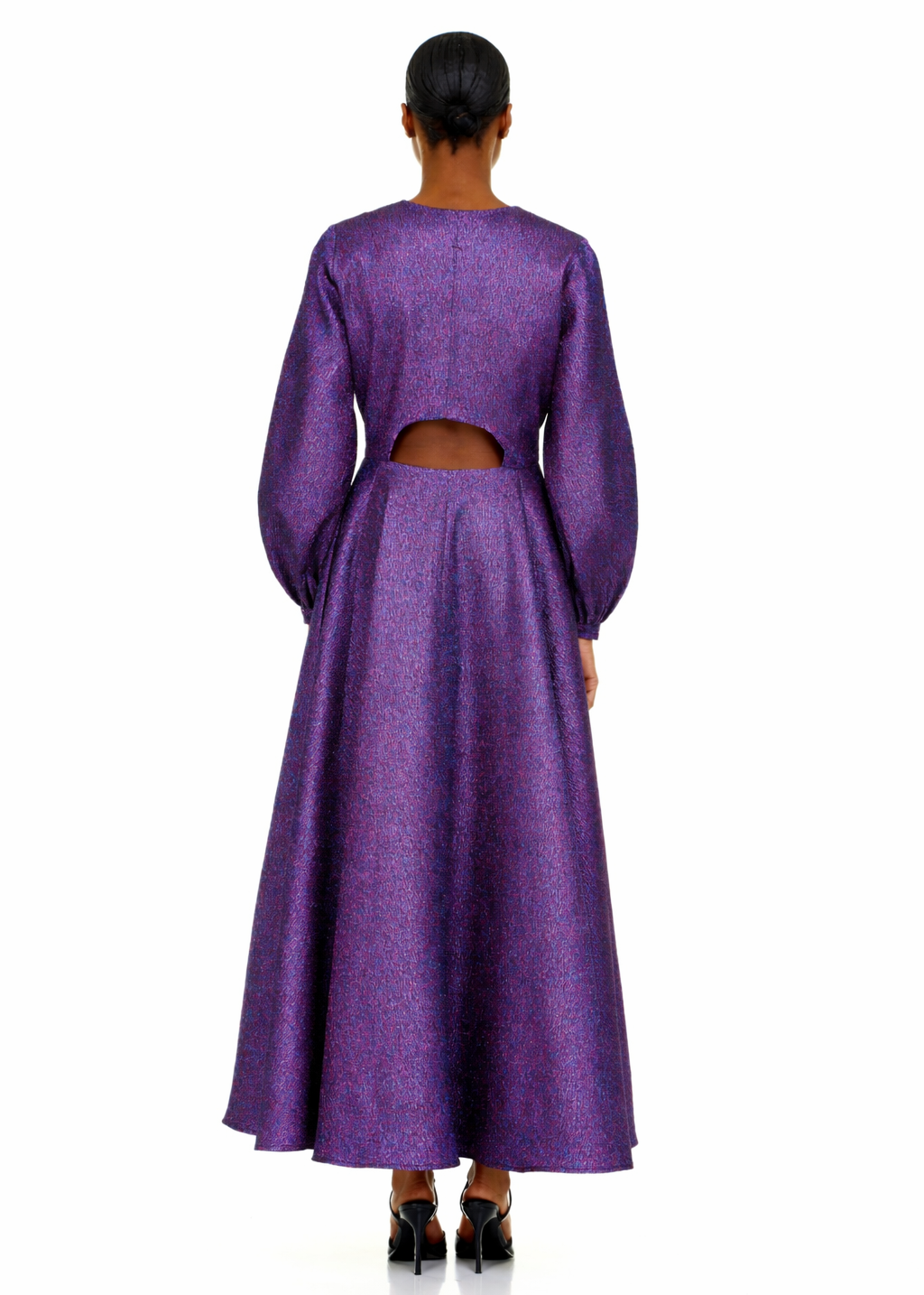 Black woman wearing Purple Shimmer Shirtdress