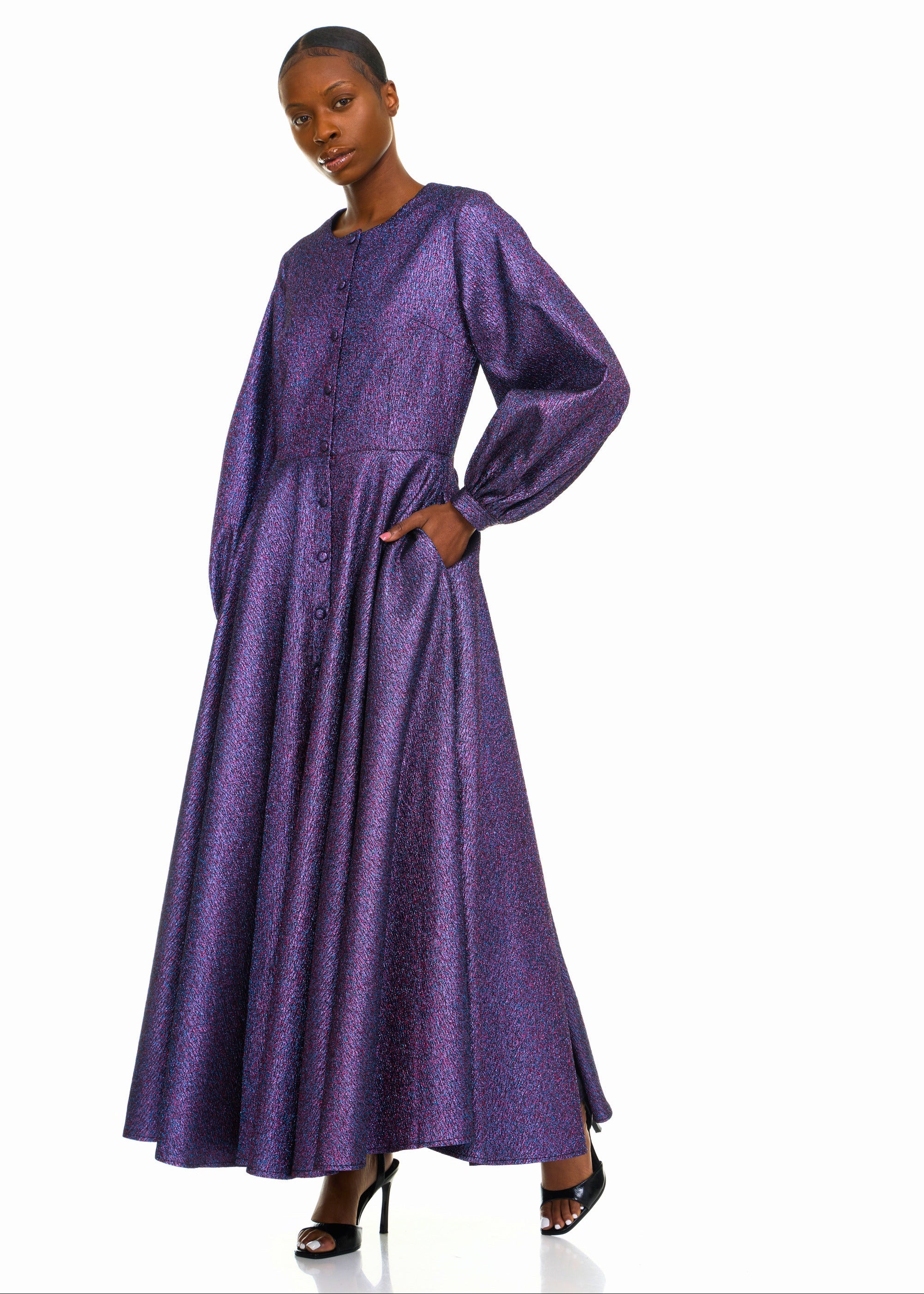 Black woman wearing Purple Shimmer Shirtdress
