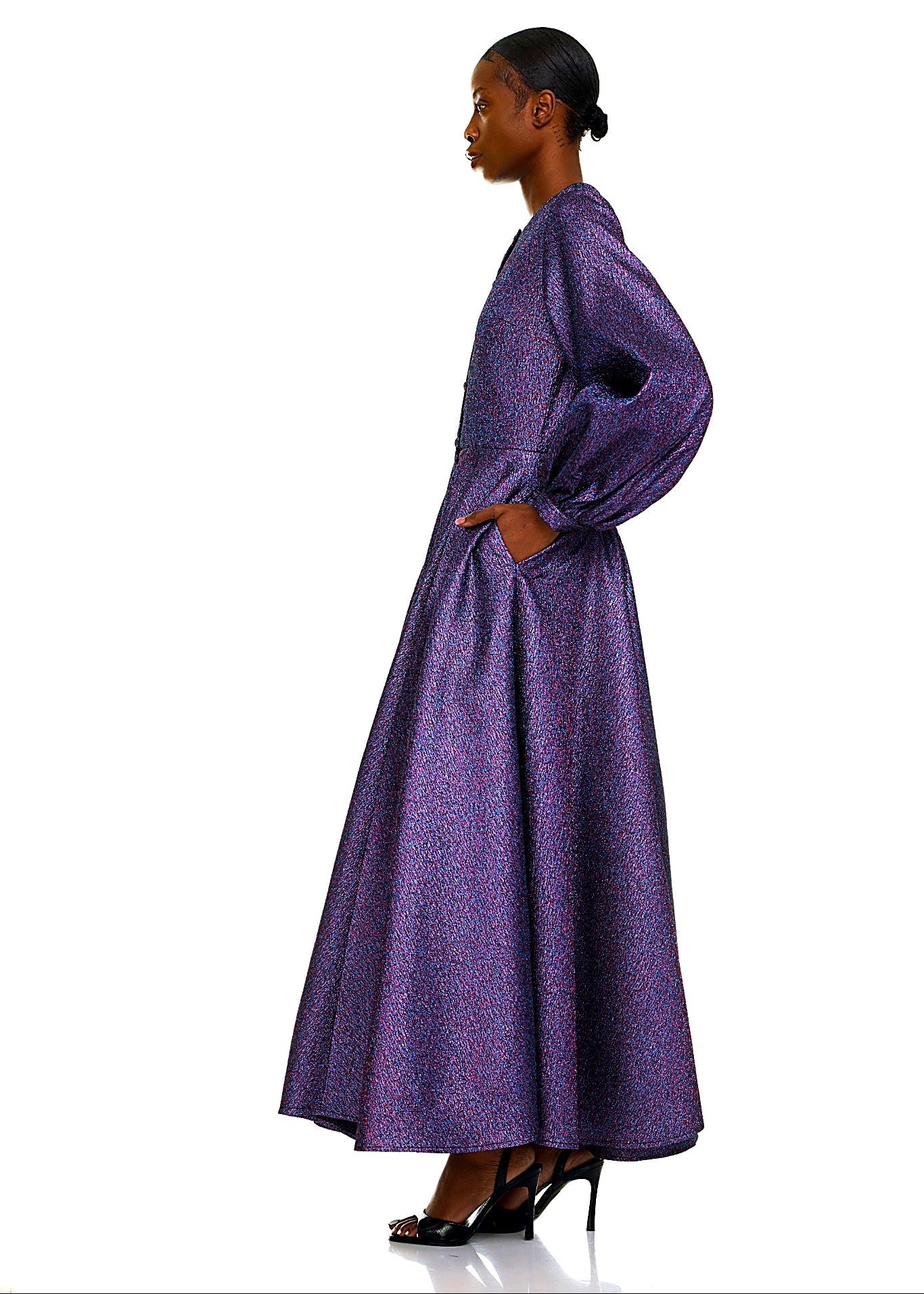 Black woman wearing Purple Shimmer Shirtdress