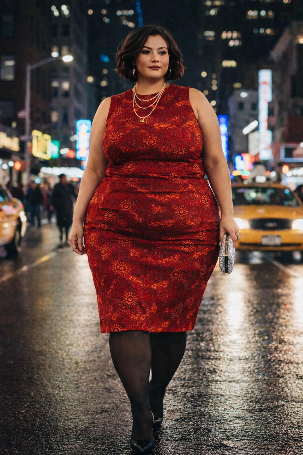 Plus-size model wearing the São Tomé dress in a bold red patterned design, walking in a vibrant city at night with illuminated buildings and traffic.