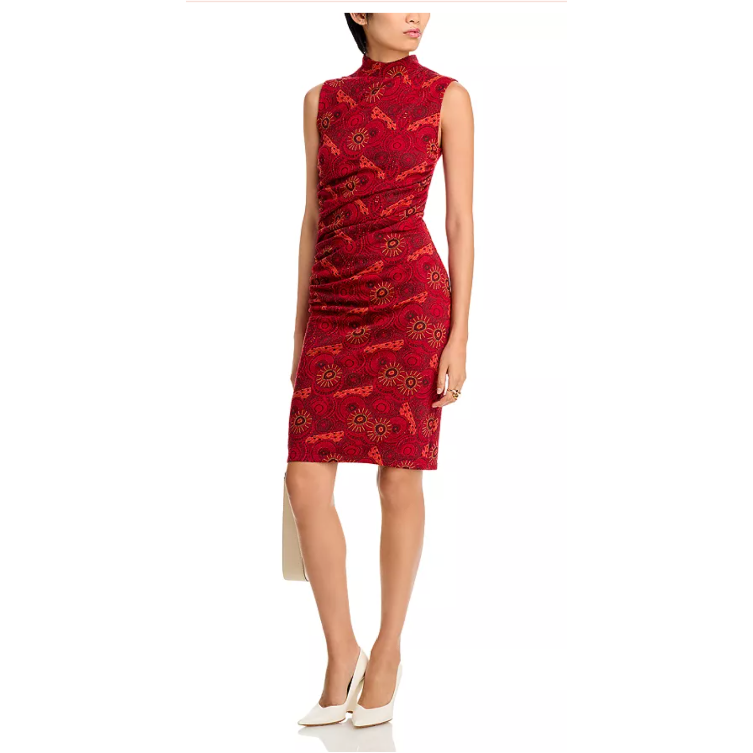 Red Jacquard Knit Mock Neck Ruched Dress