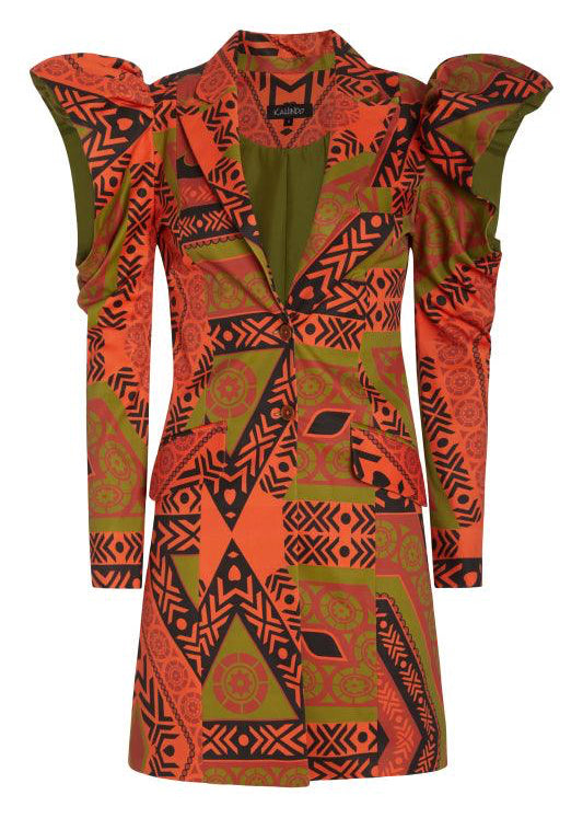 The Tanganyika Jacket featuring orange and green tribal patterns