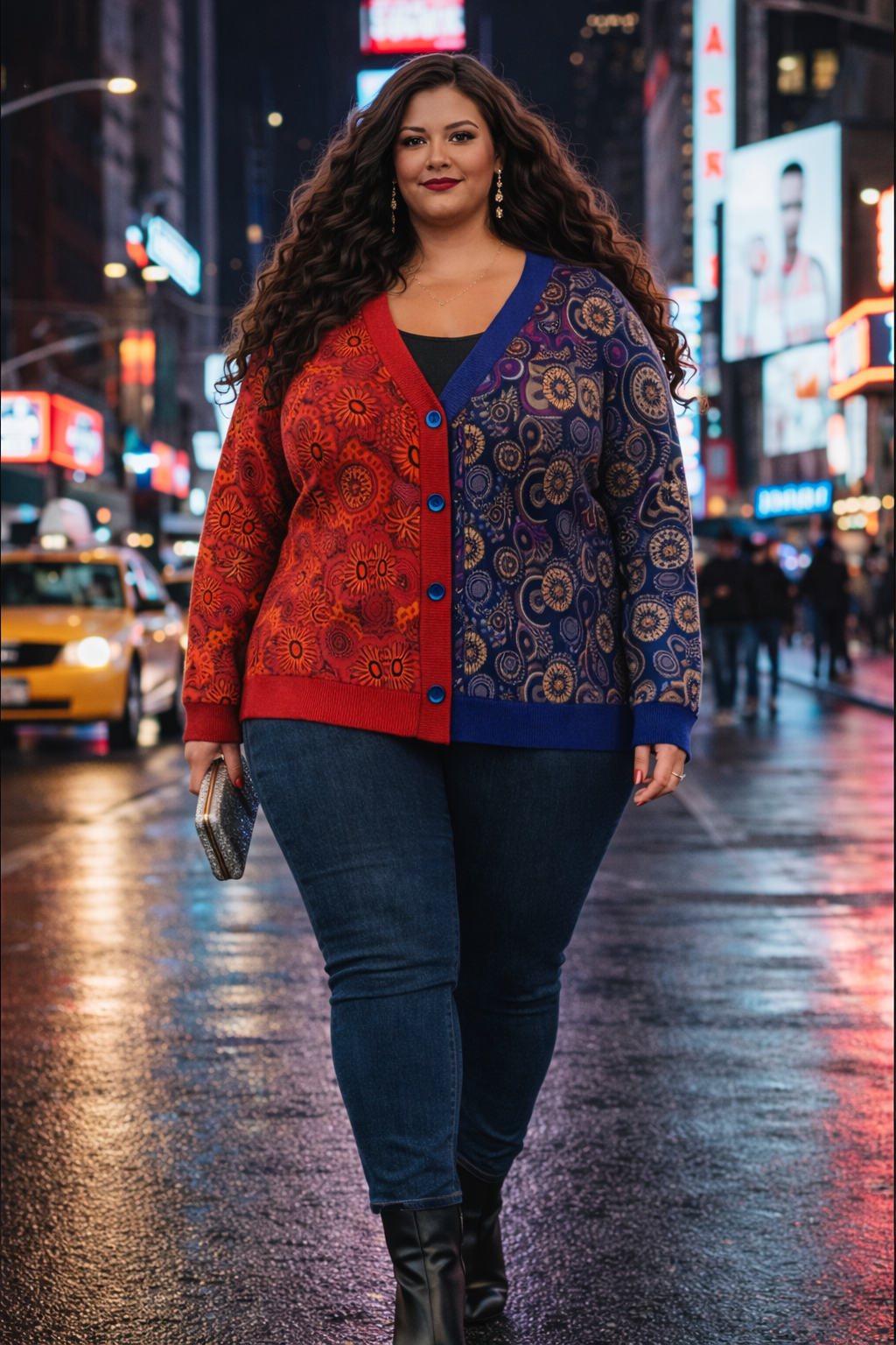 Plus-size model wearing the Windhoek cardigan in a vibrant red and blue print, walking in a lively city at night with neon lights and taxis.