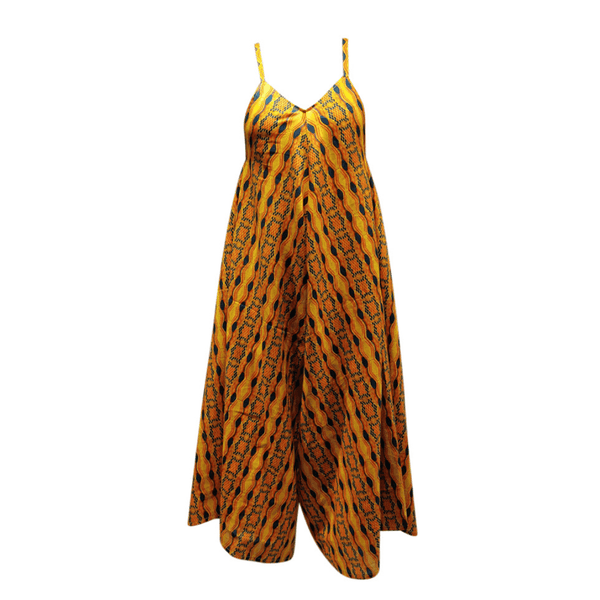 The Kano Jumpsuit featuring a yellow and black geometric design