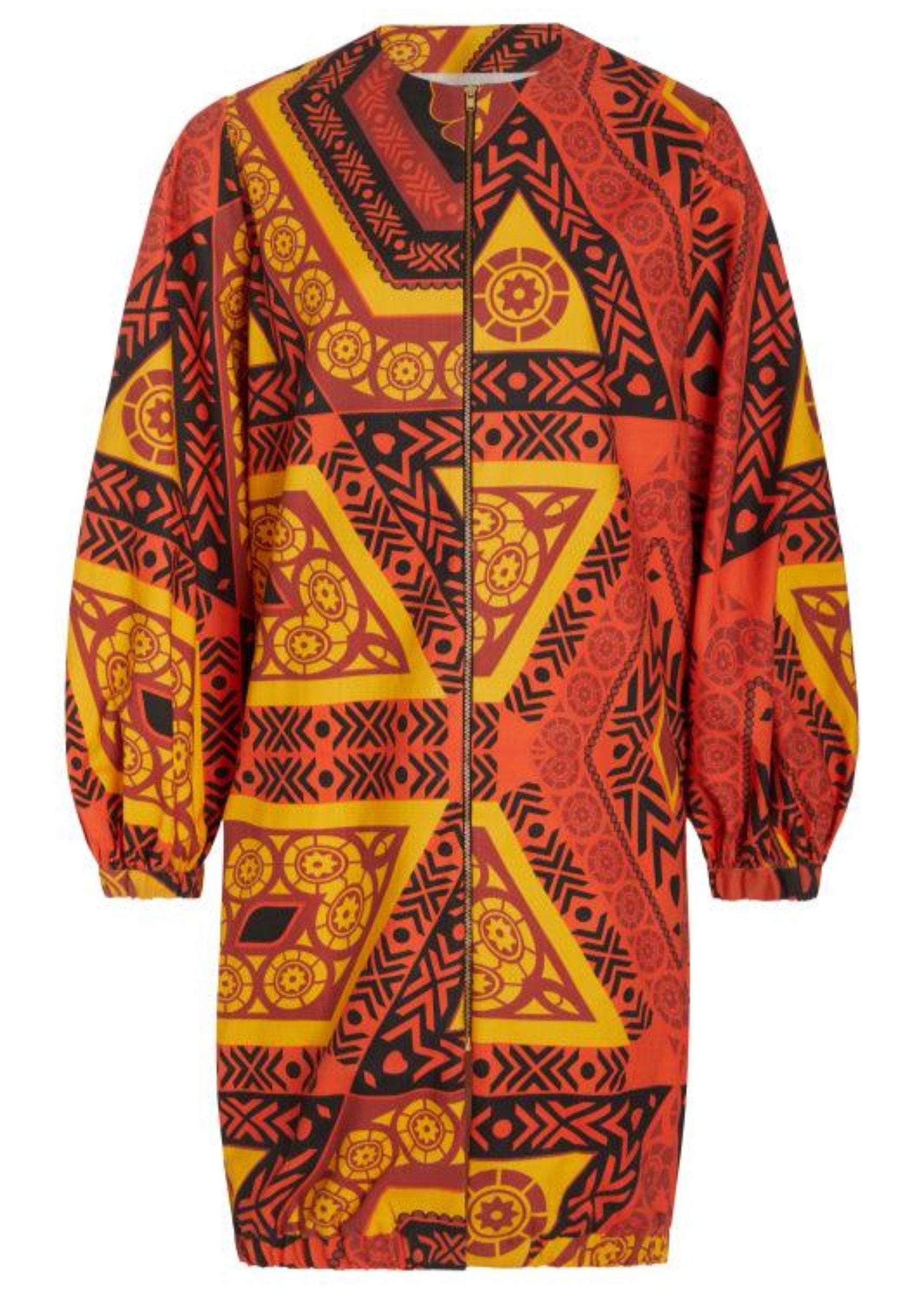 A long bomber jacket in orange and black with geometric patterns