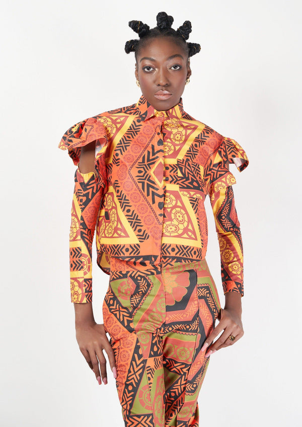 Full outfit presentation of the Melrhir Crop Top with coordinating African print suit