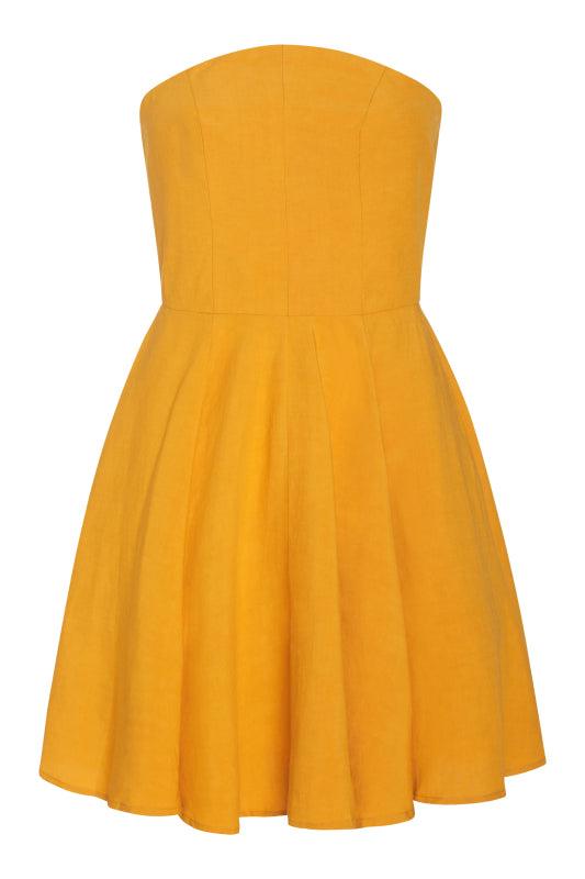 The 'Mweru Mini Dress' featuring a strapless design and pleated skirt in yellow