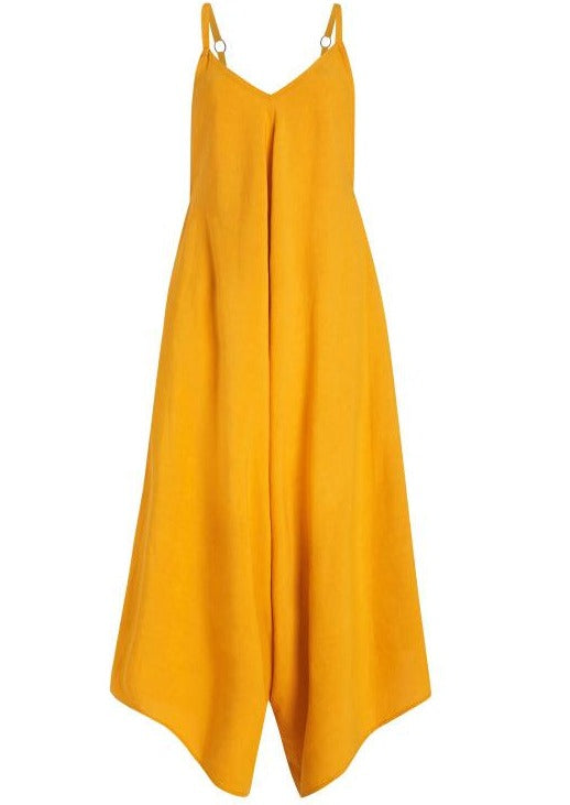 The 'Nile Jumpsuit' featuring a strappy design and a wide neckline in a vibrant yellow hue