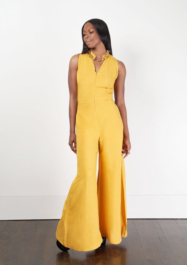 Front view of the Rufiji Jumpsuit featuring its high neckline and color