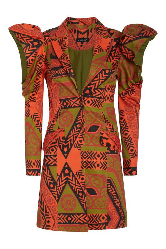 The Tanganyika Jacket featuring orange and green tribal patterns