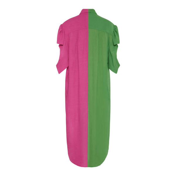 The Zanzibar Shirtdress displayed on a mannequin, featuring a green collar and pink accents