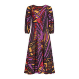 Red and purple original print V-neck dress with 3/4 balloon sleeves, midi length