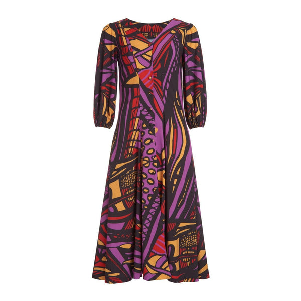 Red and purple original print V-neck dress with 3/4 balloon sleeves, midi length