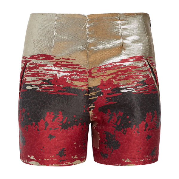 Aberash Shorts featuring red and gold design with metallic accents