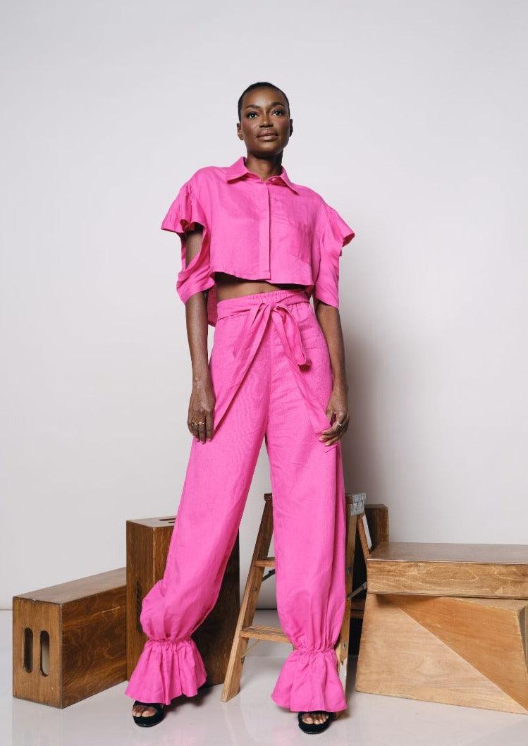 Front view of AbuSimbel Pants in pink color on a display mannequin