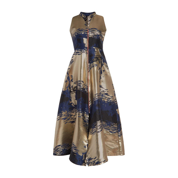 Chidi Midi Dress featuring blue and gold pattern