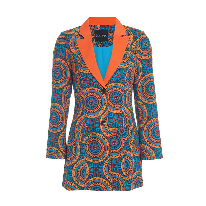 The Fiesta Tuxedo Jacket featuring orange and blue geometric designs