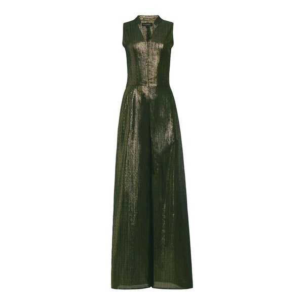 The Gugu Jumpsuit displayed in green featuring a high neck design 