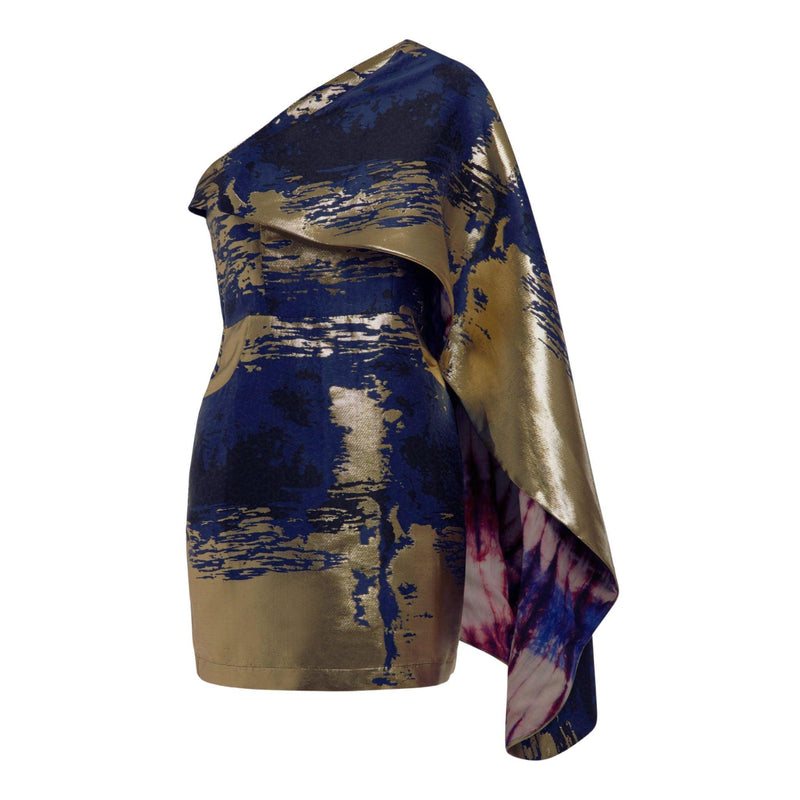 blue and gold jacquard dress with cape sleeve