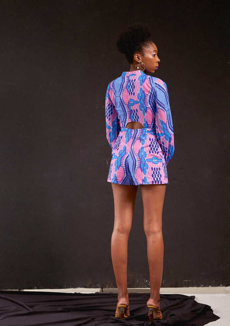 Close-up of the Kisumu Romper in a pink and blue African-inspired print