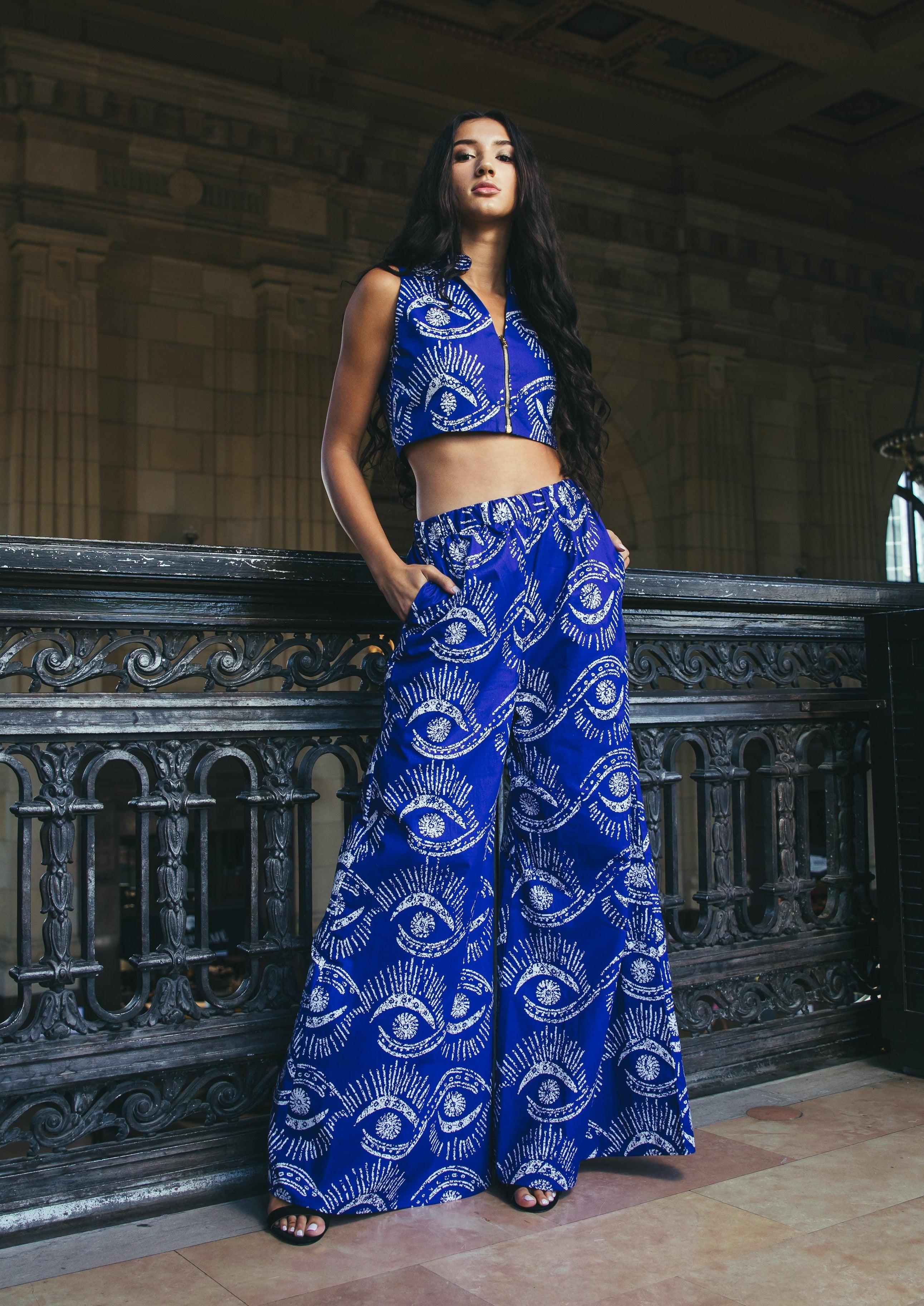 Front view of the Malindi Pants in blue and white print