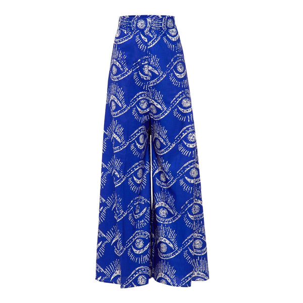 Close-up of Malindi Pants with blue and white eye pattern made of cotton blend fabric