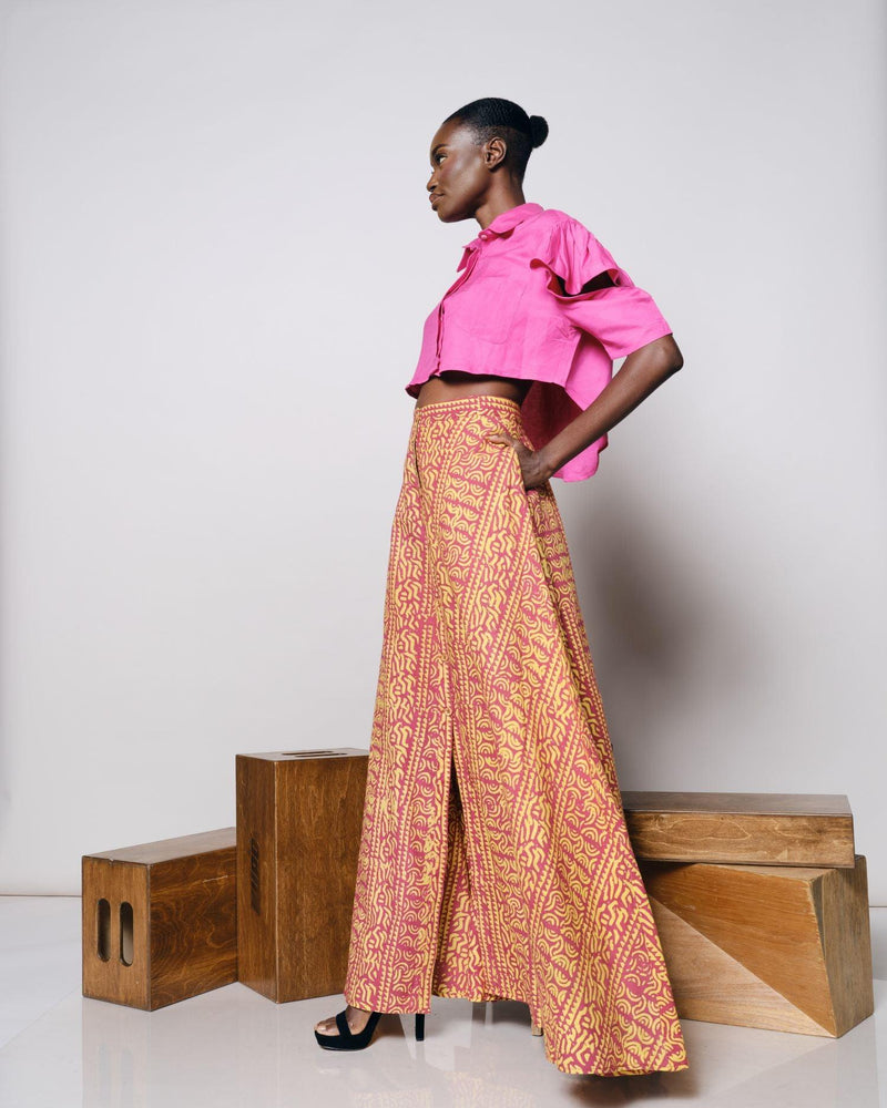 Close-up of the Praslin Maxi Skirt paired with a pink blouse
