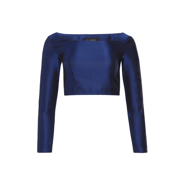 Close-up of the 'Zendaya Top' showcasing its navy color and satin texture with a long sleeve